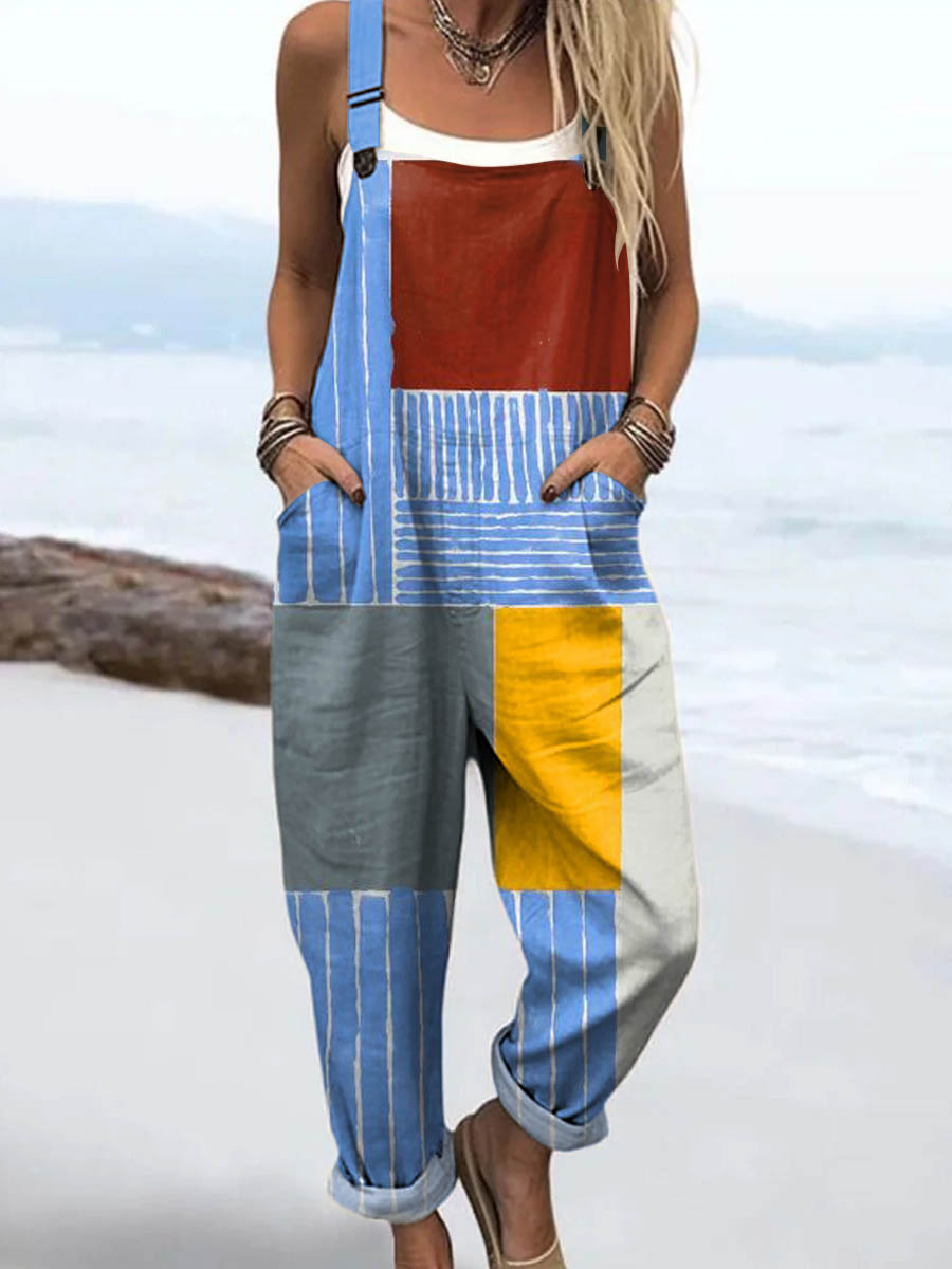 Women's Abstract Geometric Pattern Art Print Casual 100% Cotton Wide Leg Jumpsuit