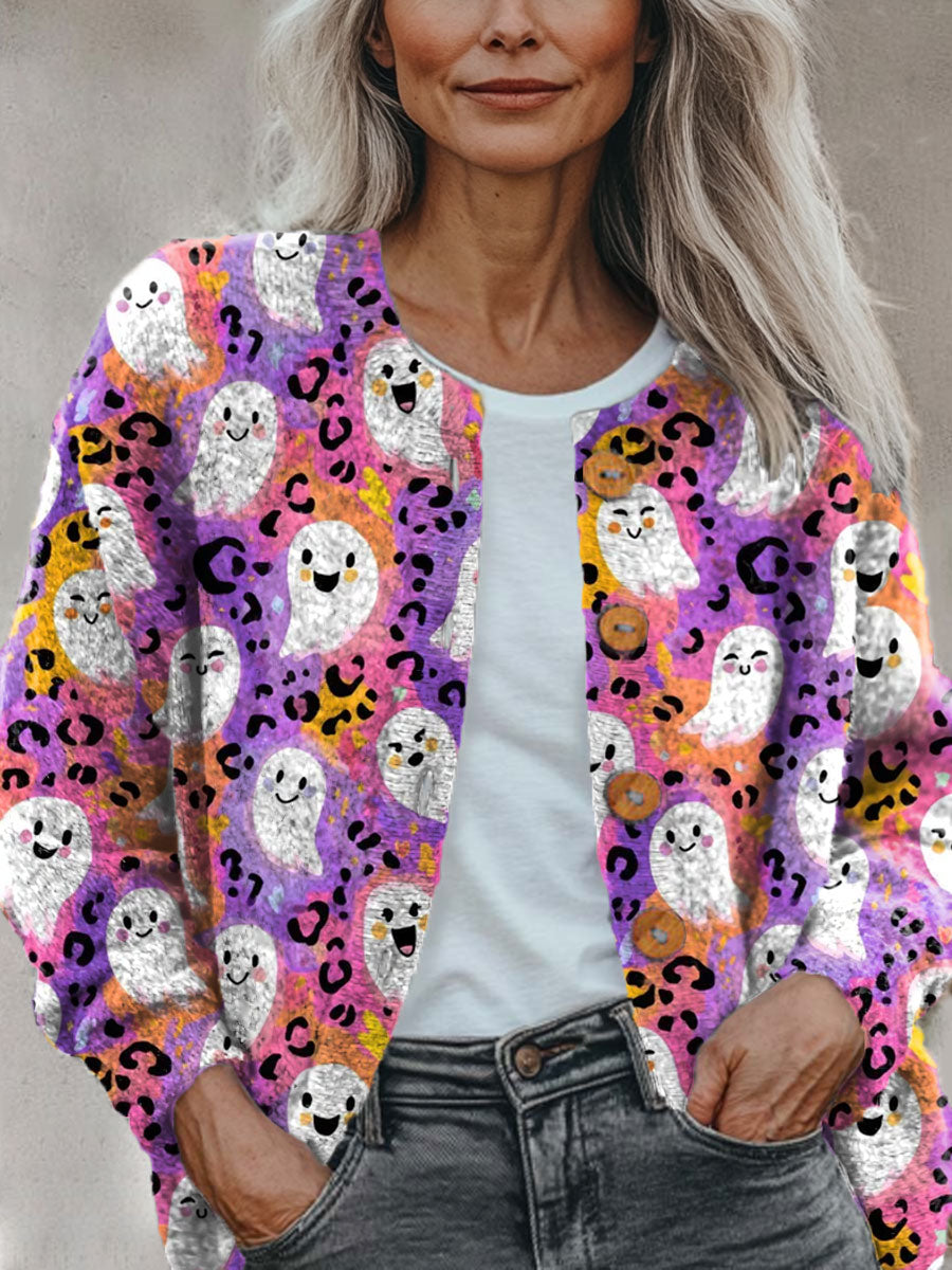 halloween-ghost-casual-print-buttoned-cardigan-sweater