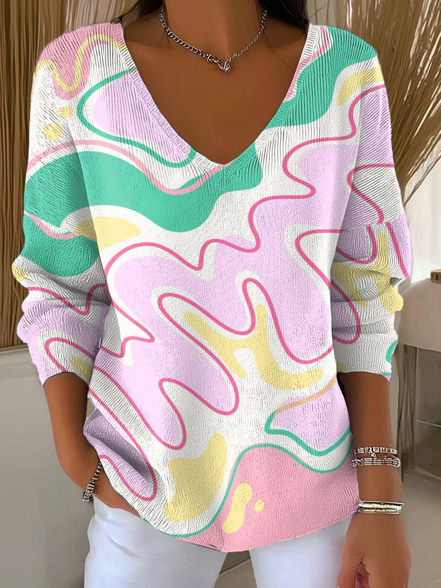 Women's Irregular Colored Waves Pattern Casual Pullover Sweater