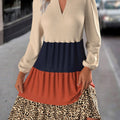 Beige Patchwork Leopard Long Sleeve Split Neck Dress