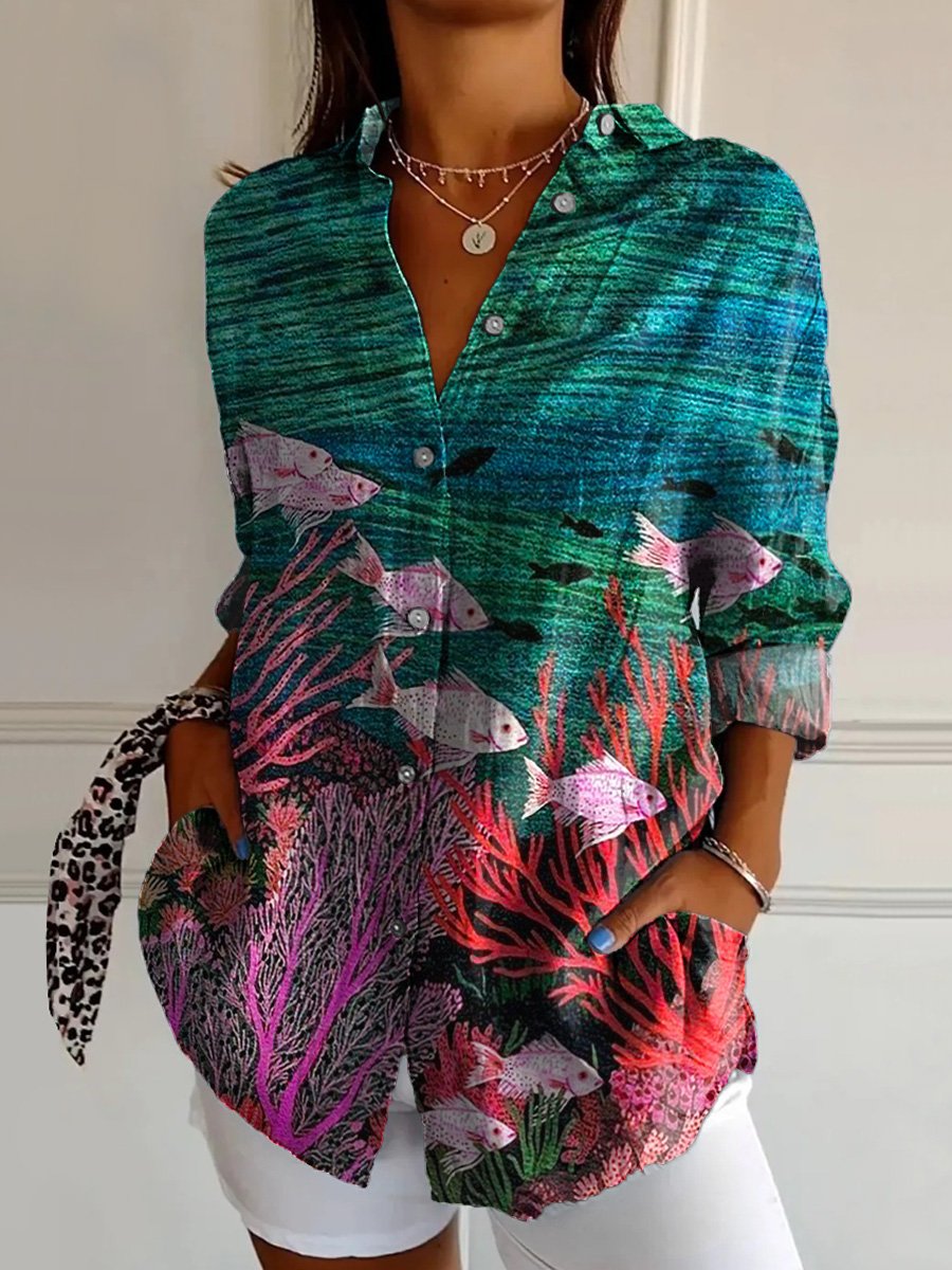 Tranquil Coral Reef And Fish Printed Women's Casual Cotton Shirt