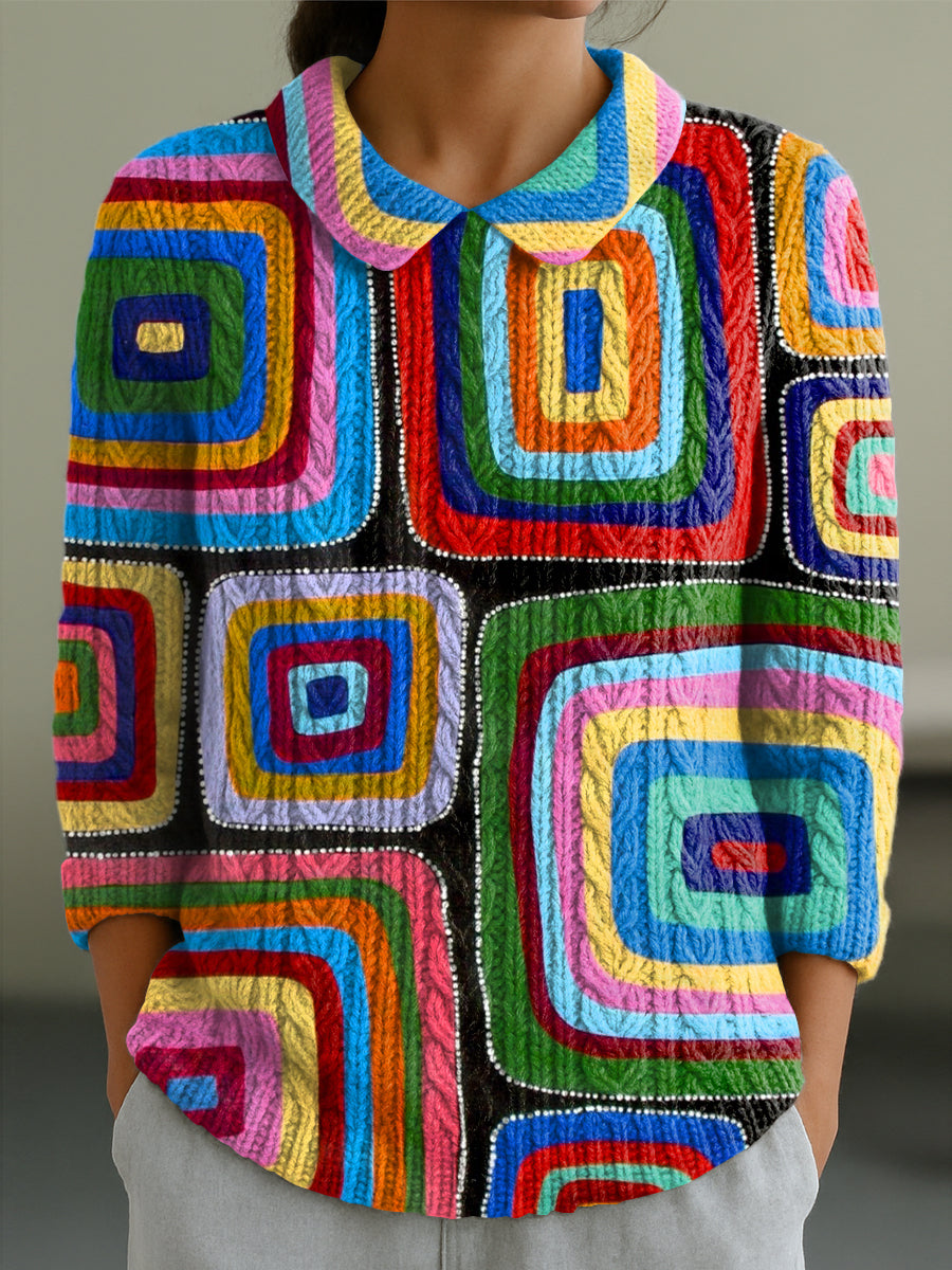 womens-abstract-colorful-plaid-painting-art-print-casual-peter-pan-collar-3-4-sleeve-sweater-r7ha