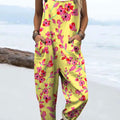 Women's Bright Flower Art Print Casual 100% Cotton Wide Leg Jumpsuit