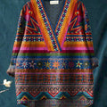Multicolor Ethnical Style Pattern Printed Women's Casual Cotton And Linen V-neck Shirt