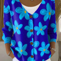 Blue Flowers Print Buttoned V-neck Cardigan Sweater