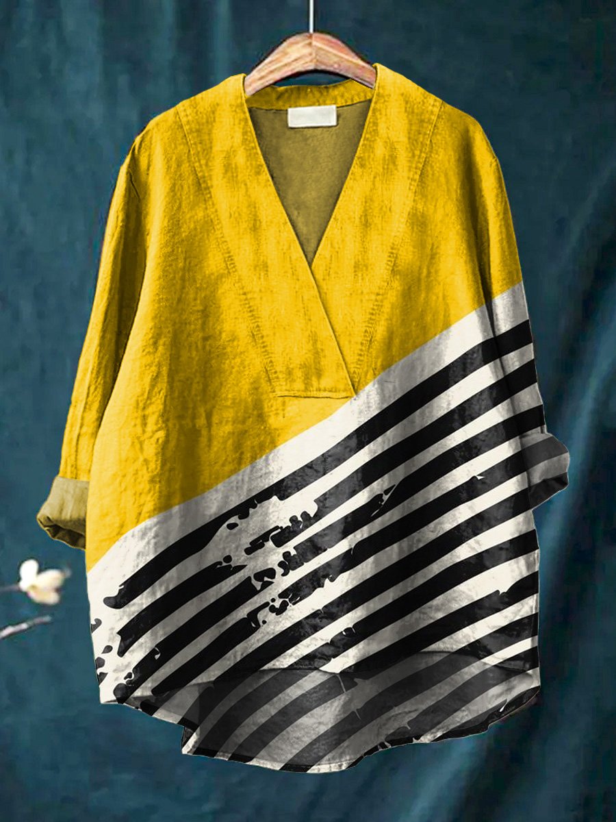 Geometric Abstract Art Printed Women's Casual Cotton And Linen V-Neck Shirt