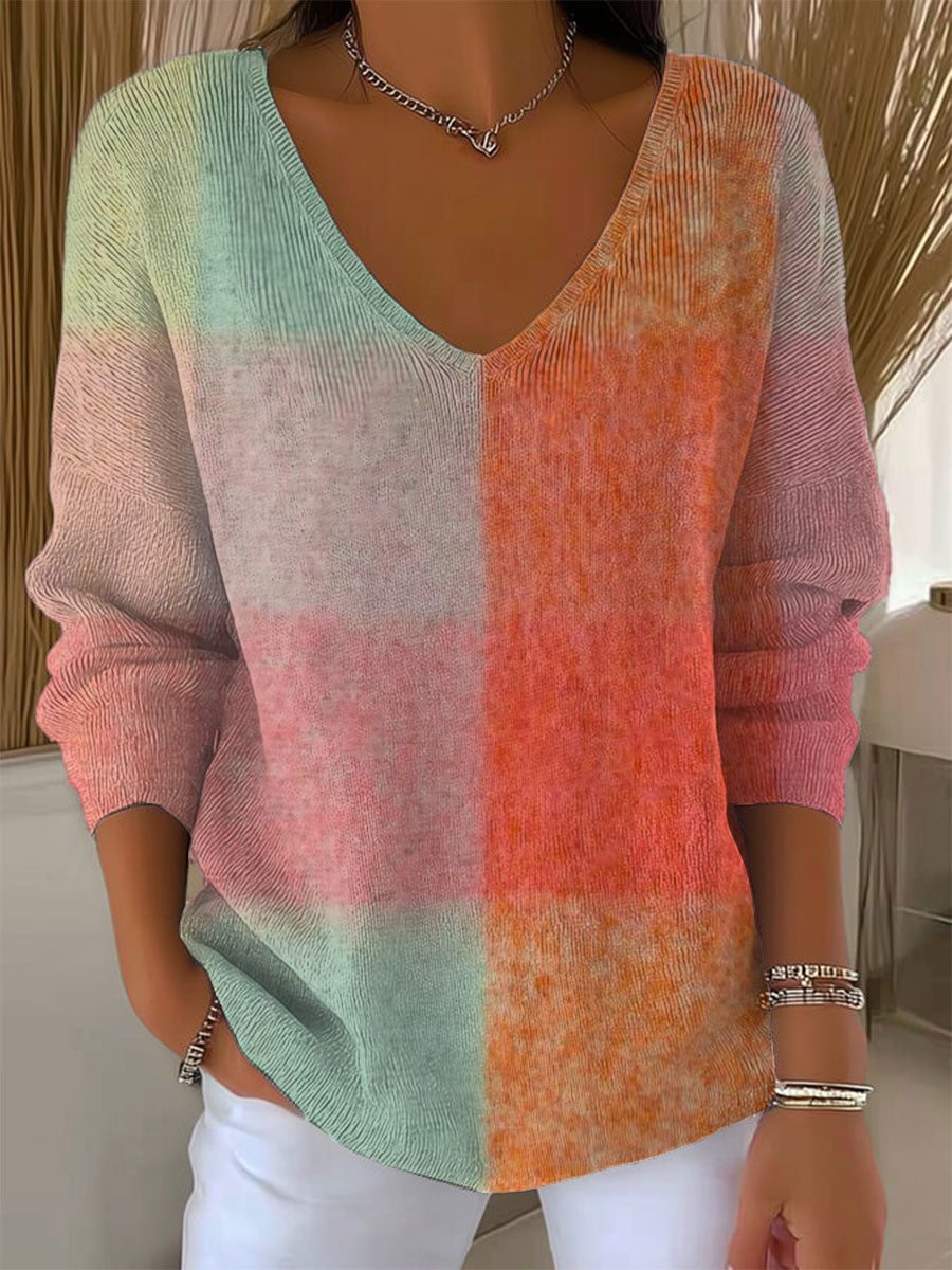 womens-vintage-gradient-plaid-art-print-casual-pullover-sweater