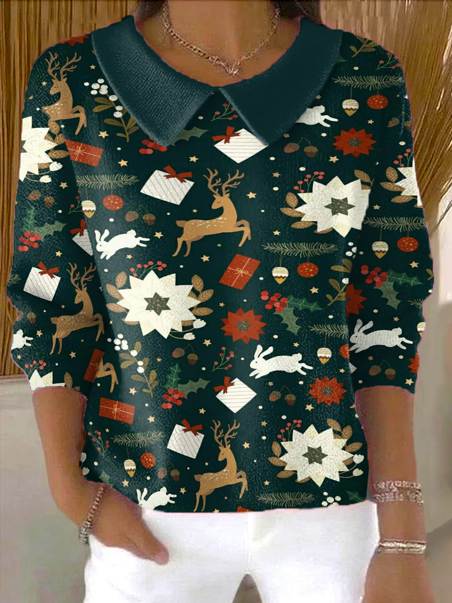 Women's Various Christmas Elements Print Casual Peter Pan Collar 3/4 Sleeve Sweater