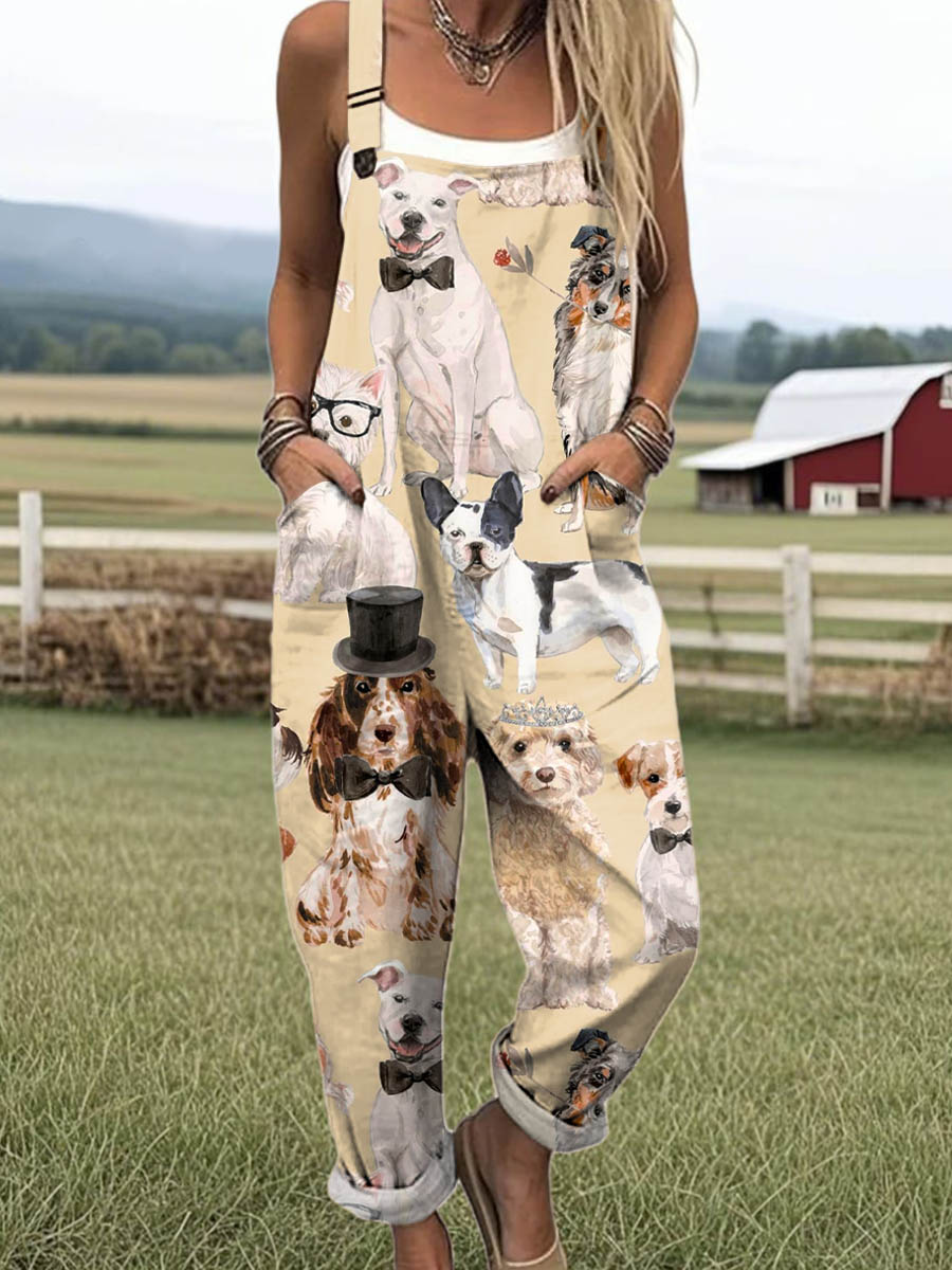 Women's Lovely Dogs Art Print Casual 100% Cotton Wide Leg Jumpsuit