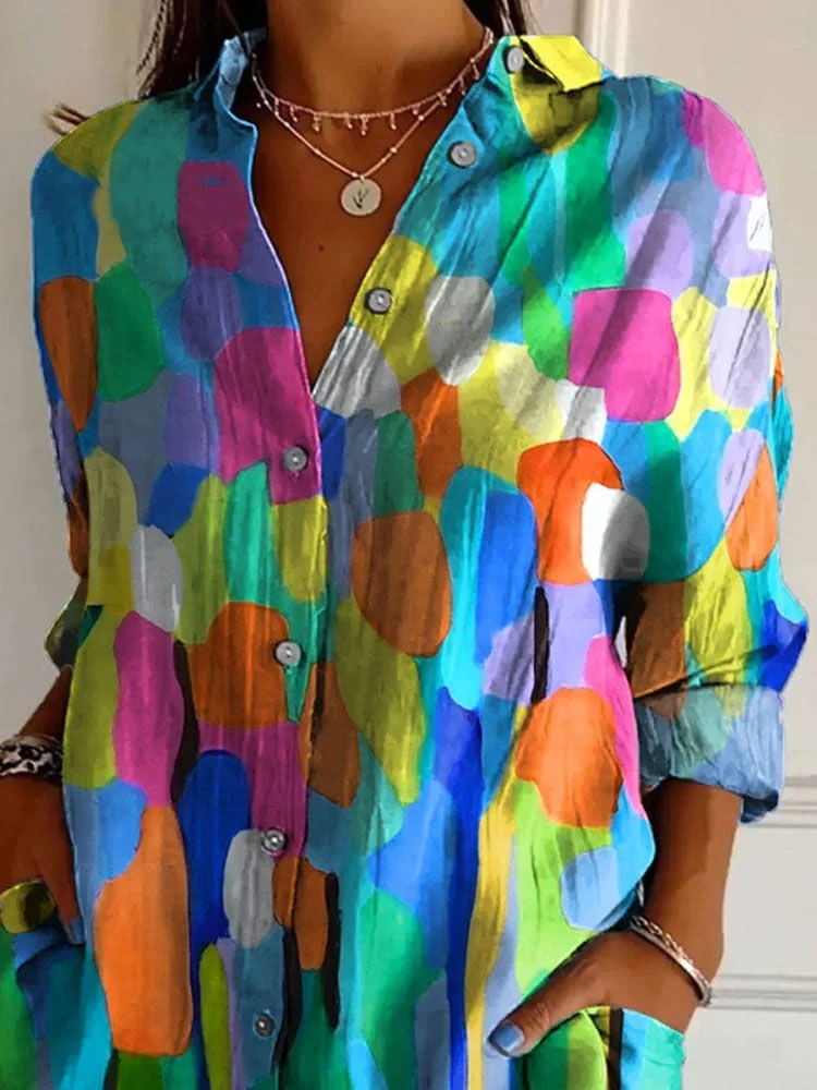 Abstract Summer Floral Garden Printed Women's Casual Cotton Shirt