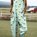 Women's Funny Bee Art Print Casual 100% Cotton Wide Leg Jumpsuit
