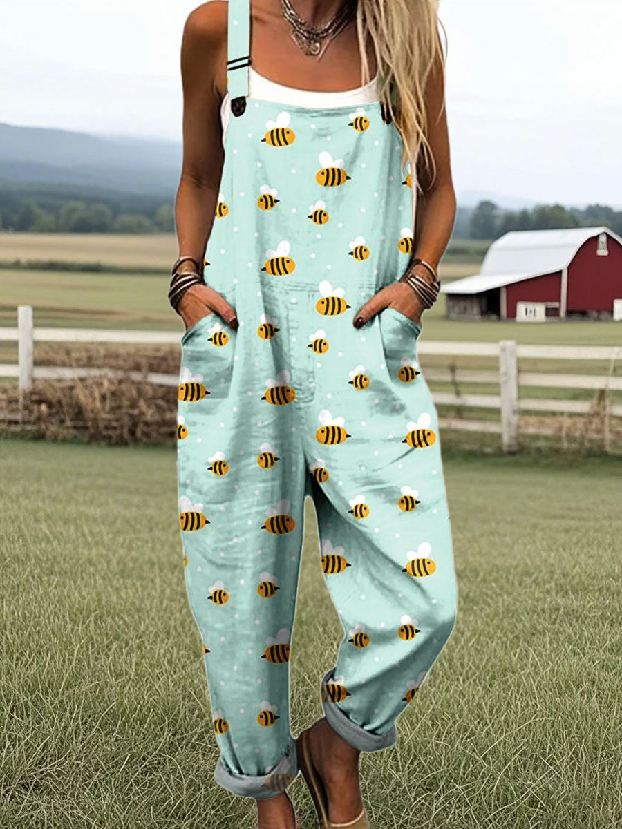 Women's Funny Bee Art Print Casual 100% Cotton Wide Leg Jumpsuit