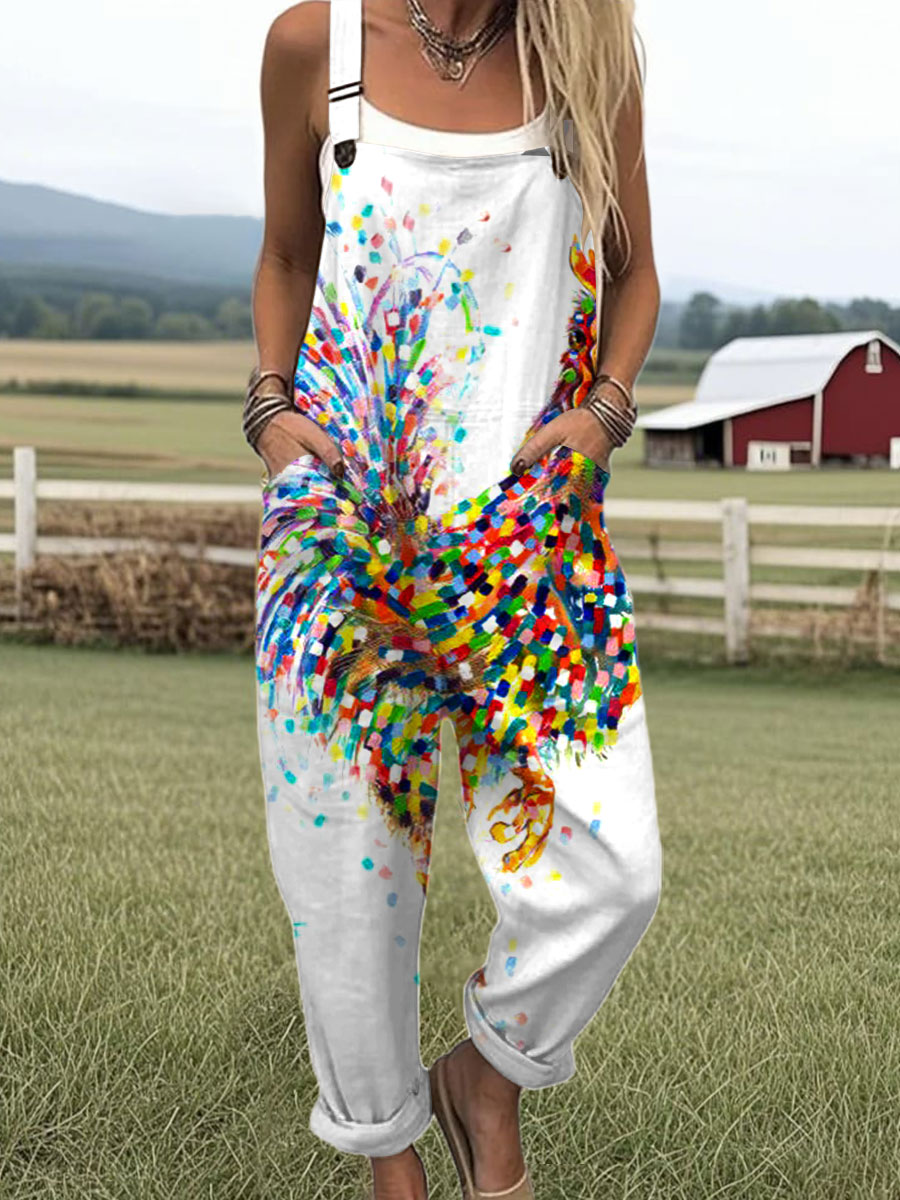 Women's  Vintage  Funny Chicken Art Print Casual 100% Cotton Wide Leg Jumpsuit