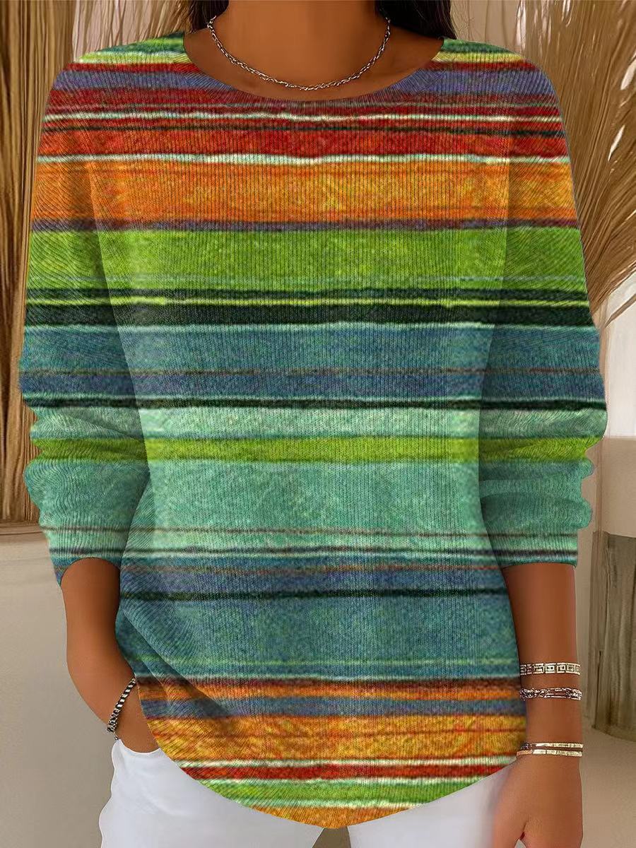 Women's Vintage Colorful Stripe Painting Art Print Casual Pullover Sweater