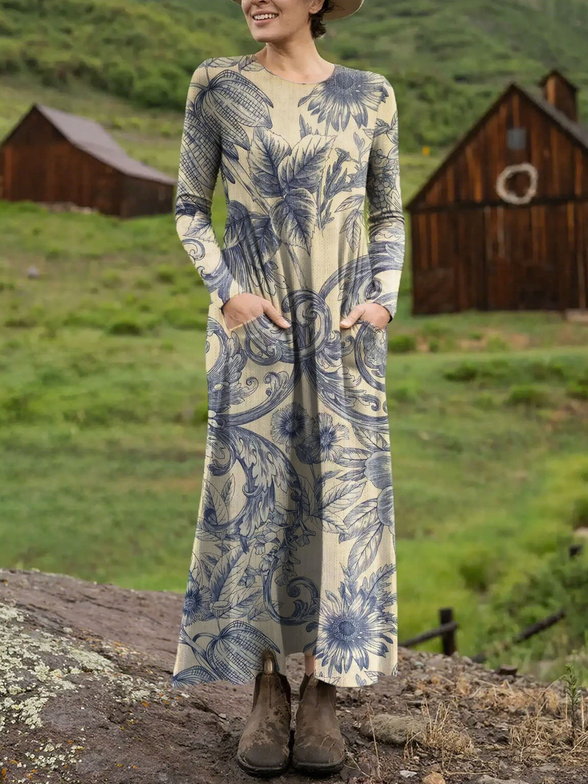 Women's Floral Art Print Casual Long-sleeved Dress