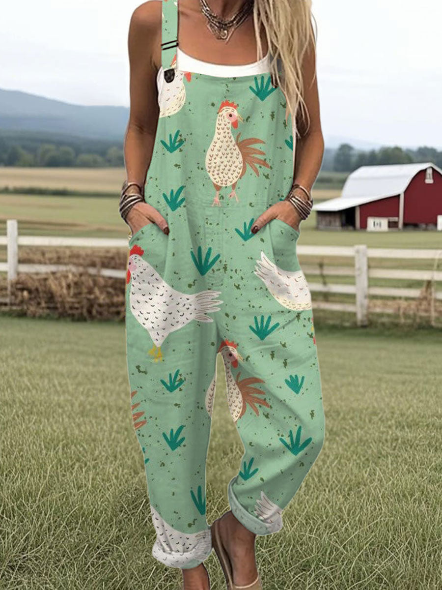 Women's Funny Chick Art  Print Casual 100% Cotton Wide Leg Jumpsuit