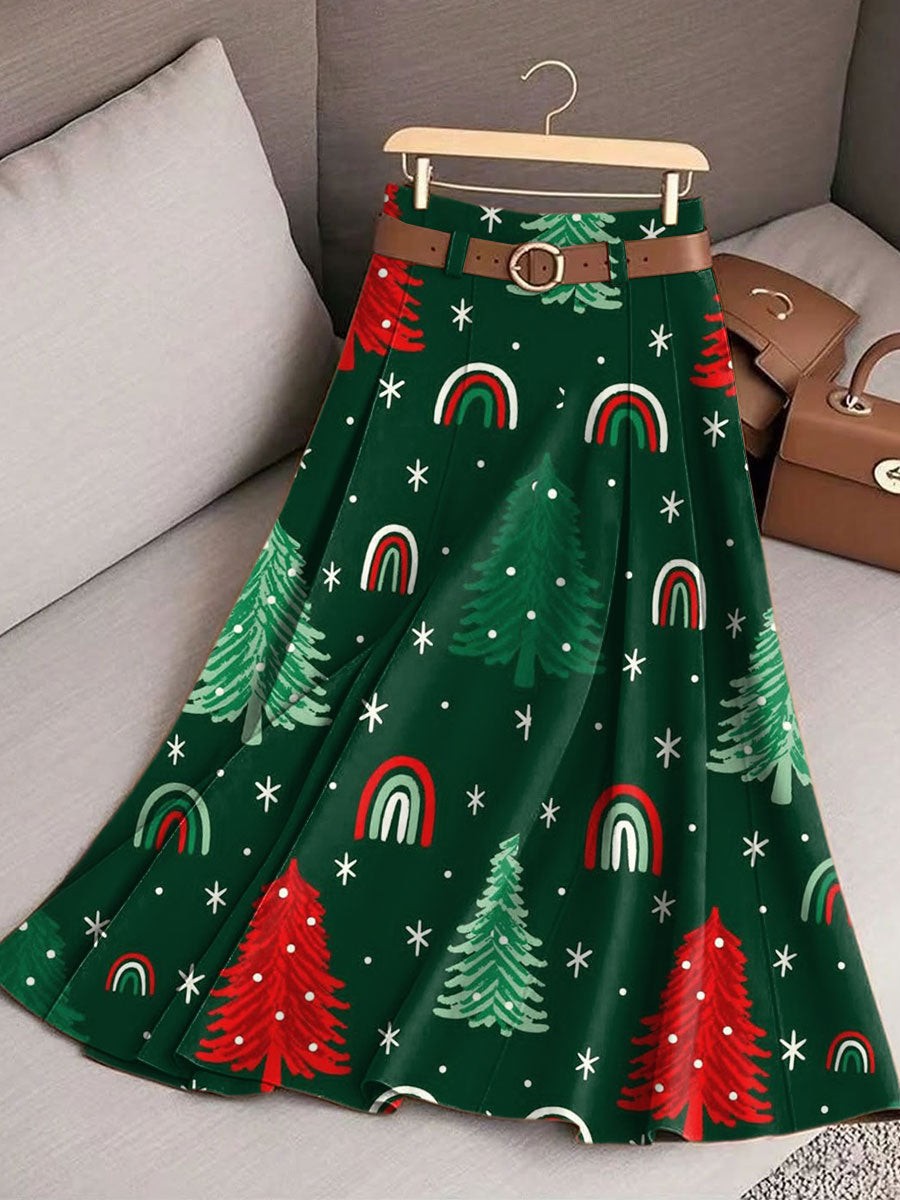Women's Vintage Christmas Tree Art Print Cotton Skirt