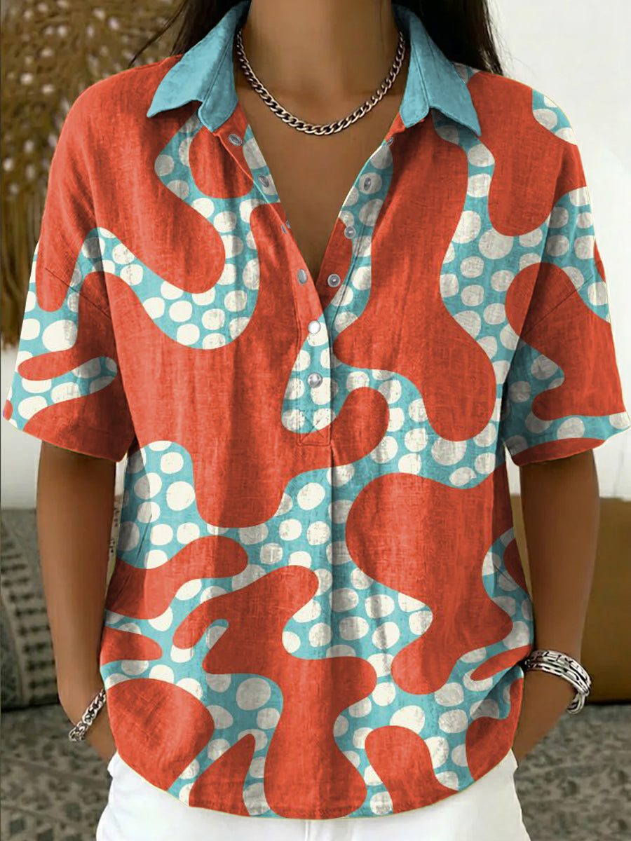 Women's Retro Color-block Abstract Art Print Cotton-linen Short-sleeve Shirt