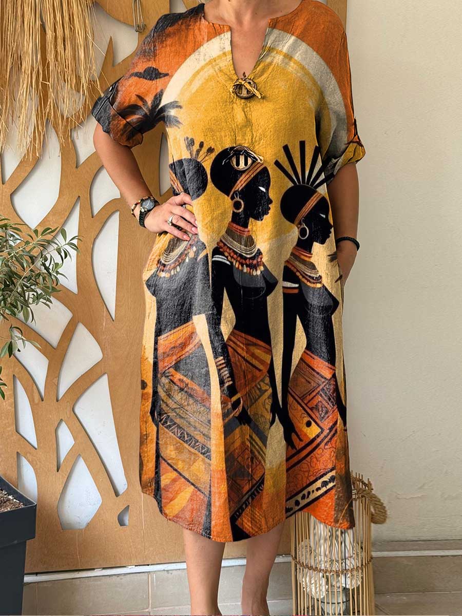 Women's Retro Positioning Print V-Neck Three-Quarter Sleeve Casual Cotton and Linen Dress