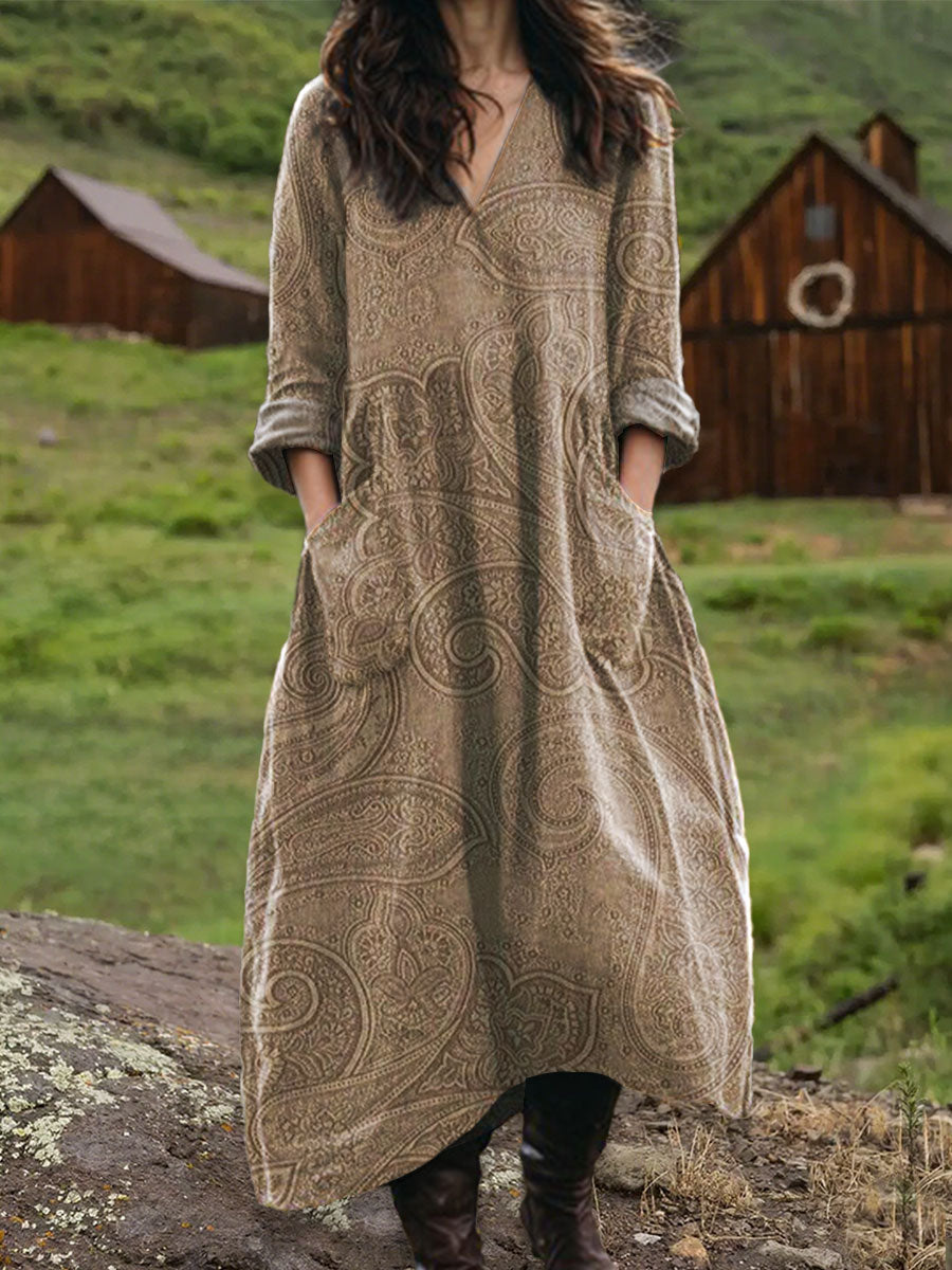 Women's Vintage Cashew Floral Art  Print Pocket V-neck Cotton Dress