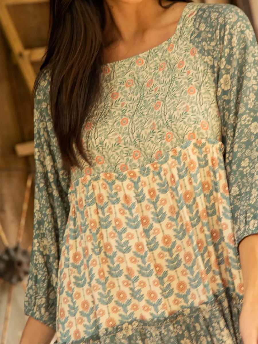 Square Neck Flower Patchwork Multi-layered Hem Midi Dress