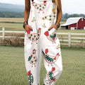 Women's Vintage Cute Farm Chicken Art Print Casual 100% Cotton Wide Leg Jumpsuit