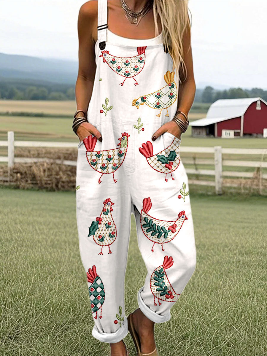 Women's Vintage Cute Farm Chicken Art Print Casual 100% Cotton Wide Leg Jumpsuit