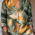 Women's Vintage Abstract Leaf Painting Art Print Casual Cotton And Linen Shirt