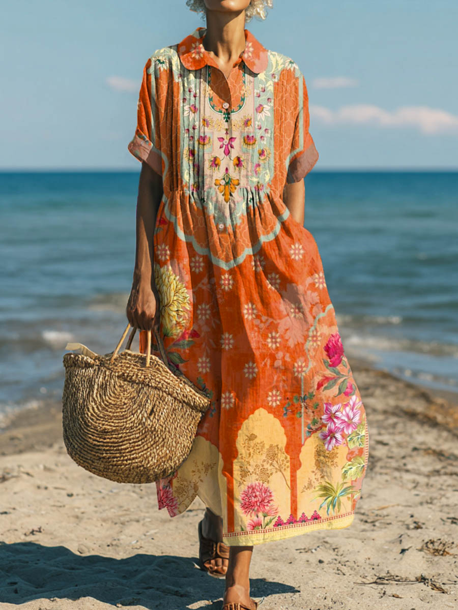 Women's Vintage Floral Pattern Art Print Cotton Dress