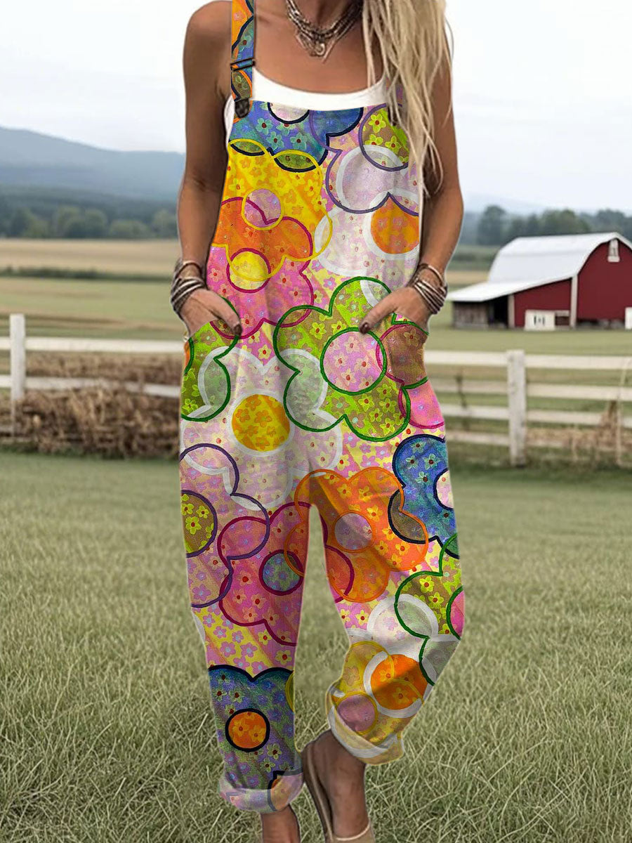 Women's  Vintage Flower Art Print Casual 100% Cotton Wide Leg Jumpsuit