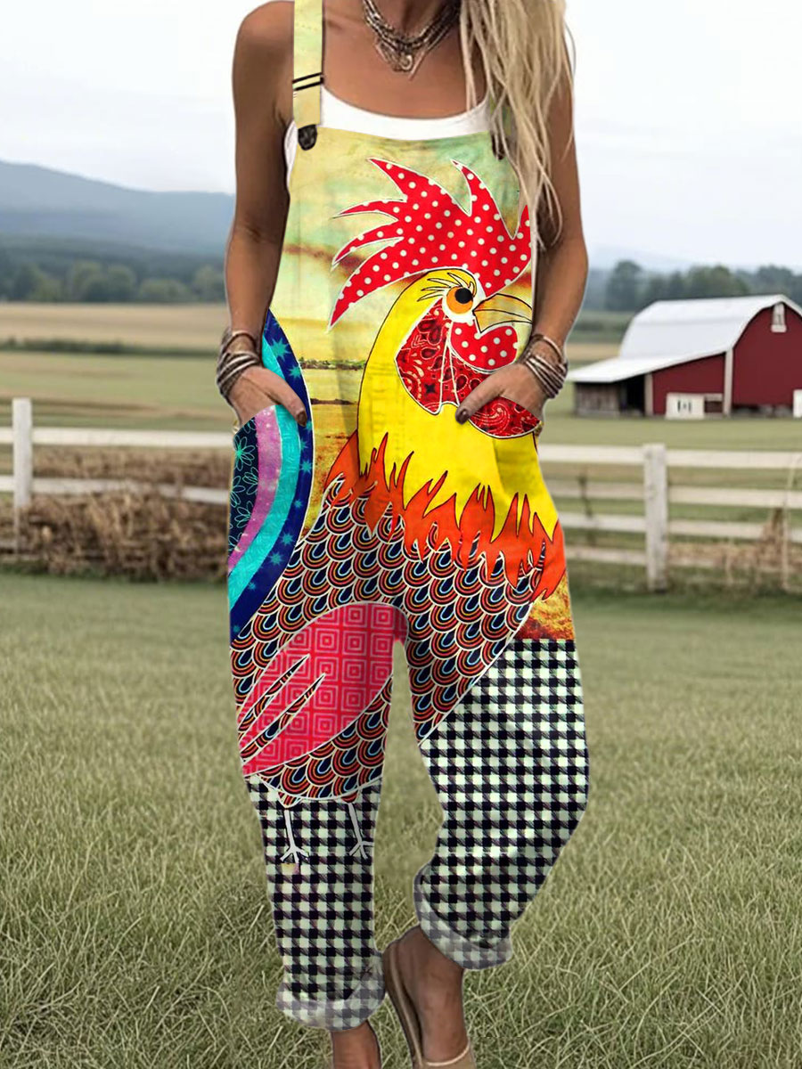 Women's Funny Chick Art Print Casual 100% Cotton Wide Leg Jumpsuit