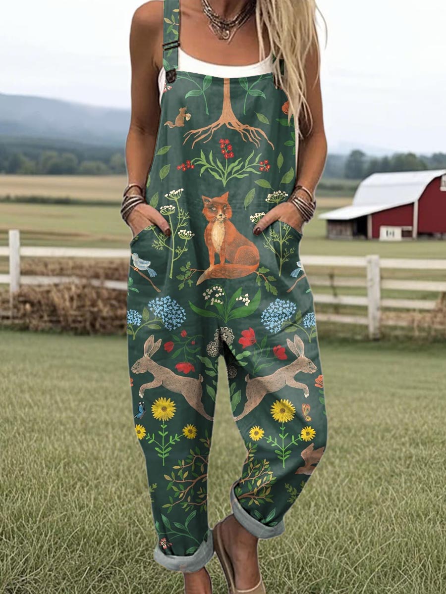 Women's Lovely Floral Animals Pattern Art Print Casual 100% Cotton Wide Leg Jumpsuit