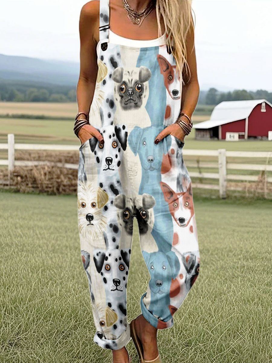 Women's Vintage Dog Art Print Casual 100% Cotton Wide Leg Jumpsuit