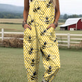 Women's Lovely Bees Art Print Casual 100% Cotton Wide Leg Jumpsuit