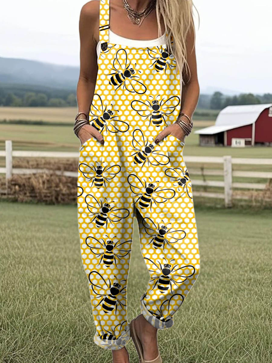 Women's Lovely Bees Art Print Casual 100% Cotton Wide Leg Jumpsuit