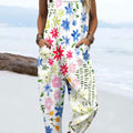 Women's Vintage Flower Art Print Casual 100% Cotton Wide Leg Jumpsuit