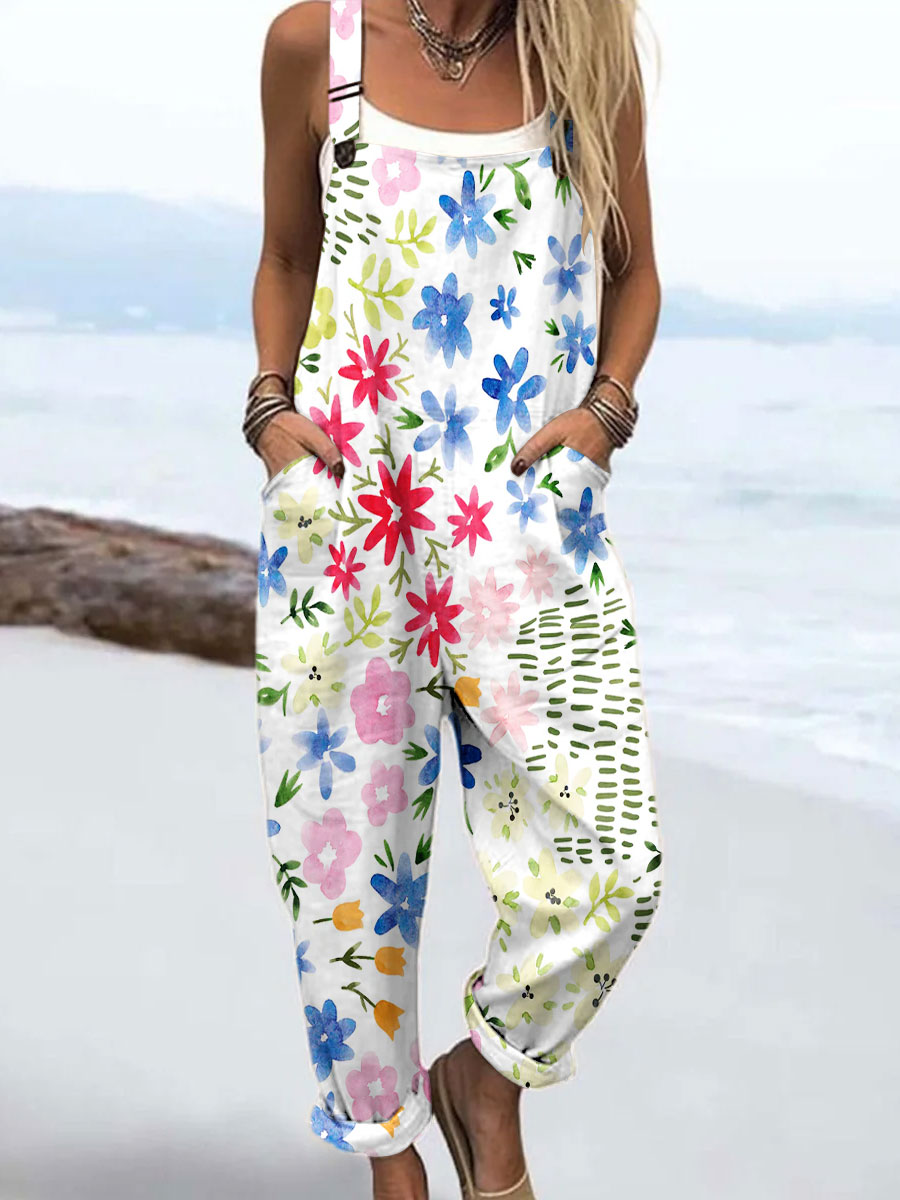 Women's Vintage Flower Art Print Casual 100% Cotton Wide Leg Jumpsuit
