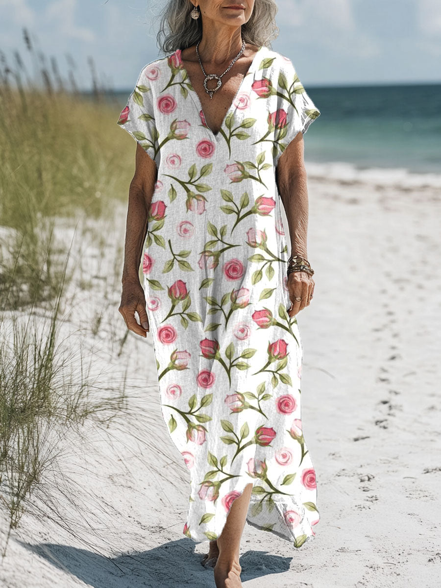 Women's Flowers Art Print Pocket Cotton Dress