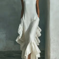 Elegant Ruffled Hem Cotton And Linen Maxi Dress