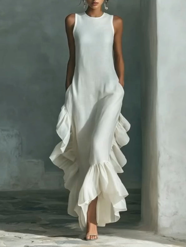 Elegant Ruffled Hem Cotton And Linen Maxi Dress