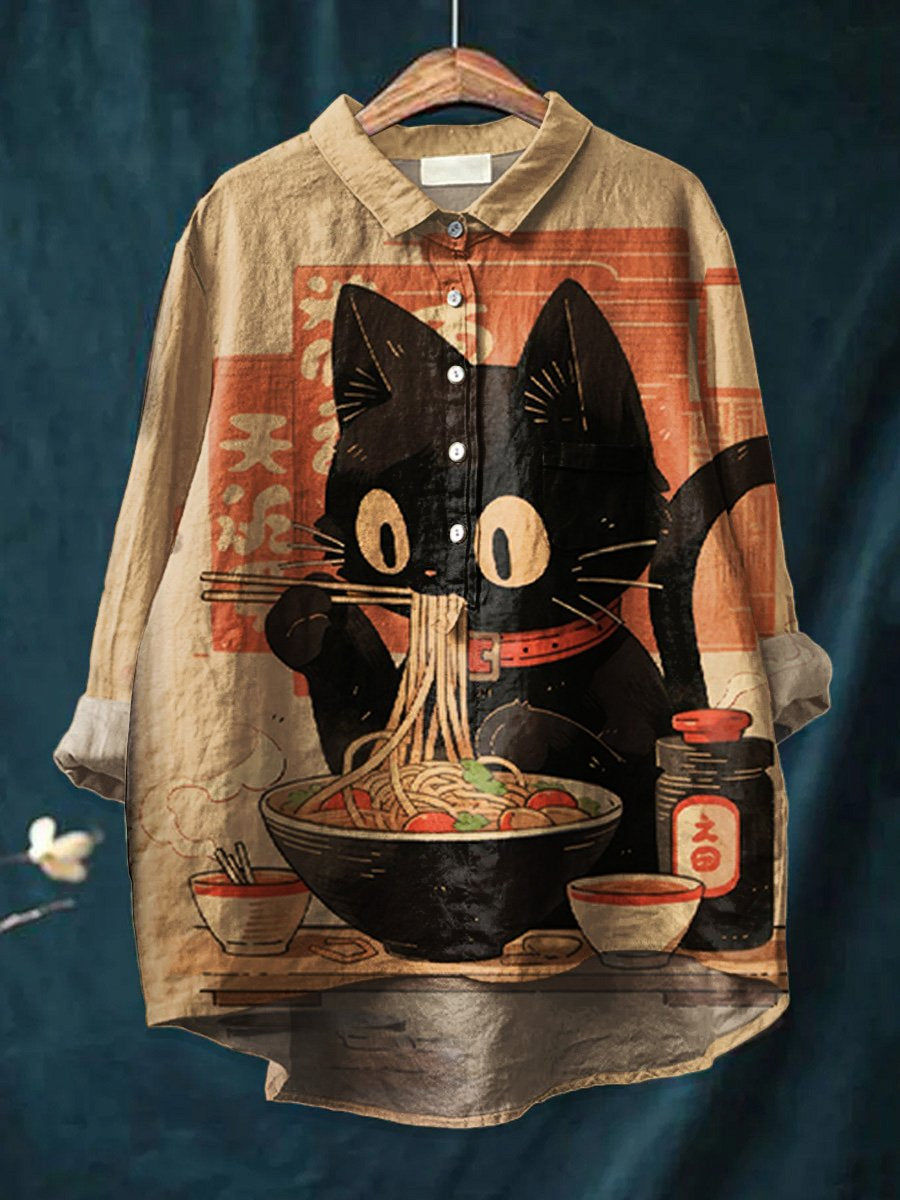 Women's Japanese Cat  Art  Print Casual Cotton And Linen Shirt