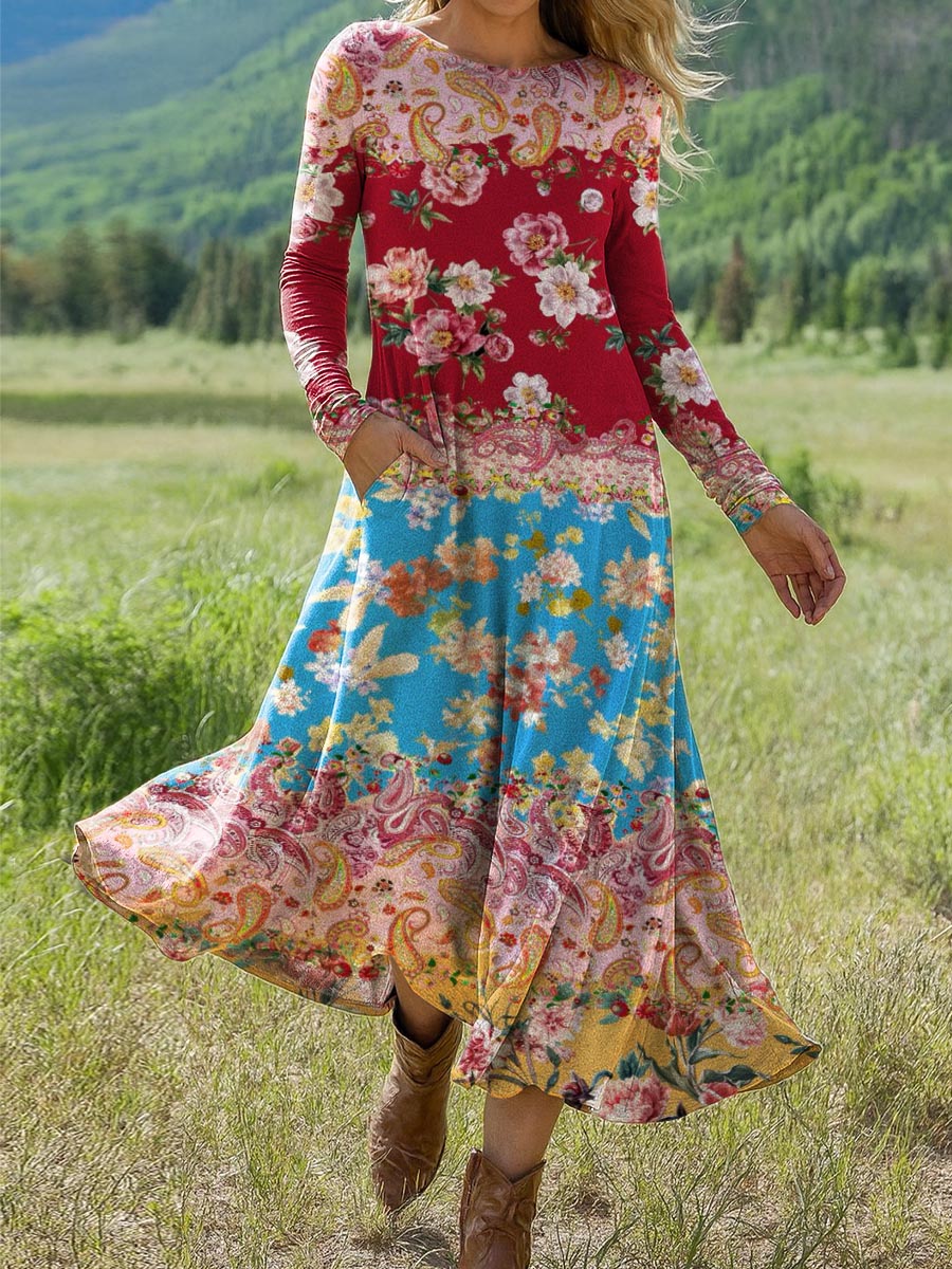 Women's Retro Floral Art Print Long-sleeved Dress