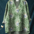 Damen-Bluse im Vintage-Stil mit hübschem Blumen- und Vogelmotiv, lässiges Baumwoll-Leinen-Mischgewebe mit V-Ausschnitt 