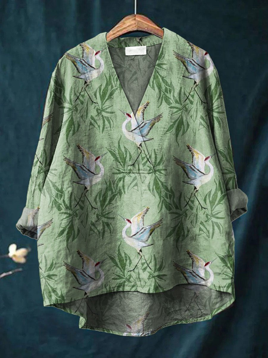 Women's Vintage Lovely Floral Birds Art Print Casual Cotton And Linen V-neck Shirt