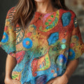 Pull en maille à manches courtes et col rond, imprimé artistique vintage pour femme 