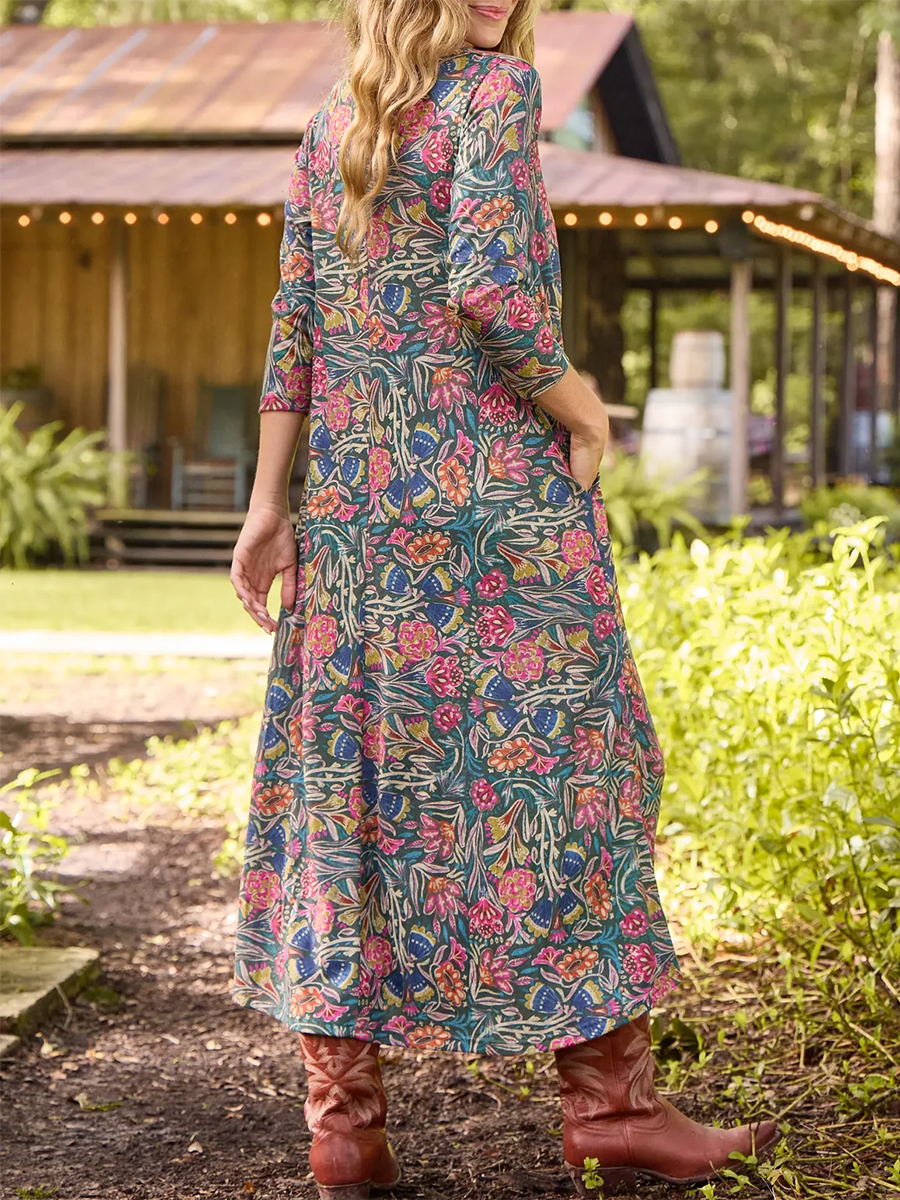 Bohemian Retro Pastoral Vine Print Knitted Stretch Dress