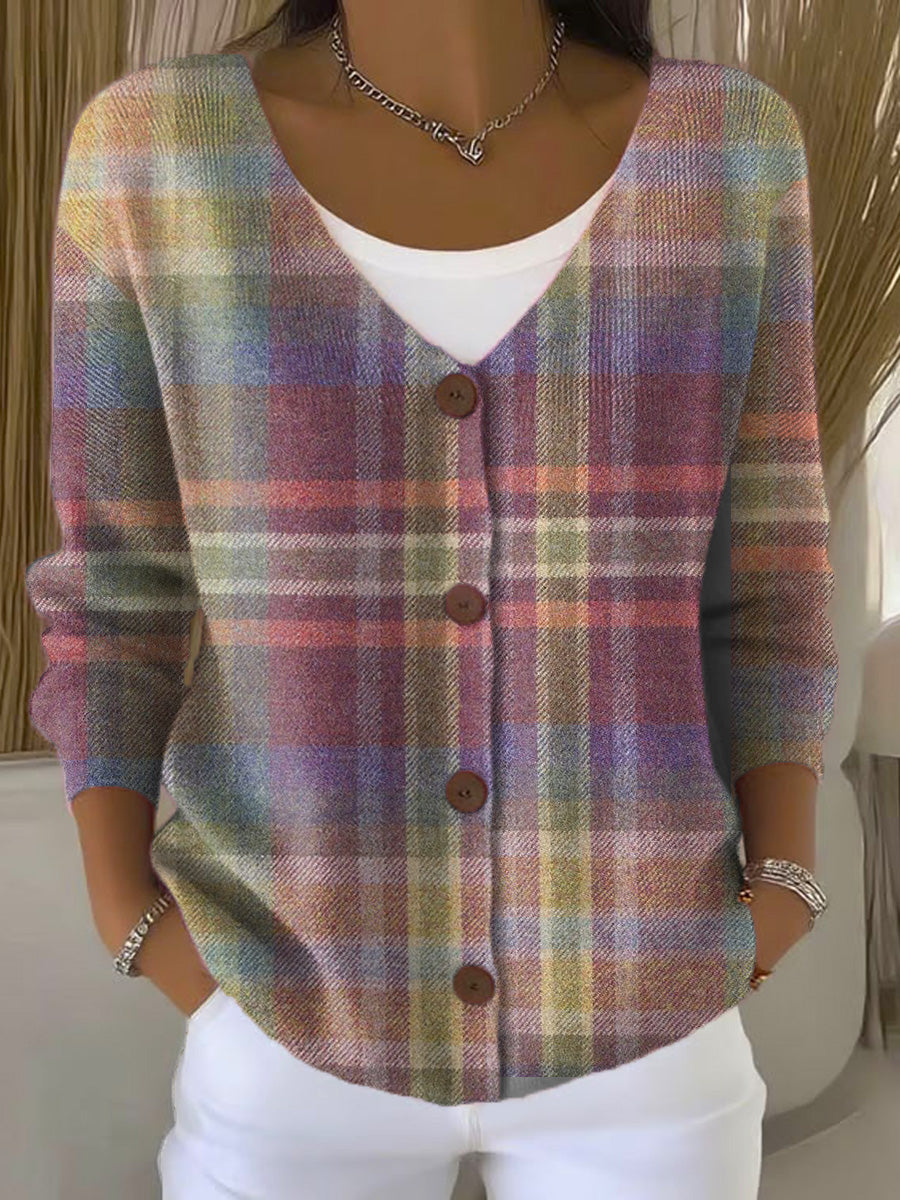 color-plaid-print-buttoned-v-neck-cardigan-sweater