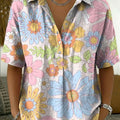 Women's Vintage Botanical Floral Casual Polo Collar Short-sleeved Linen And Cotton Shirt