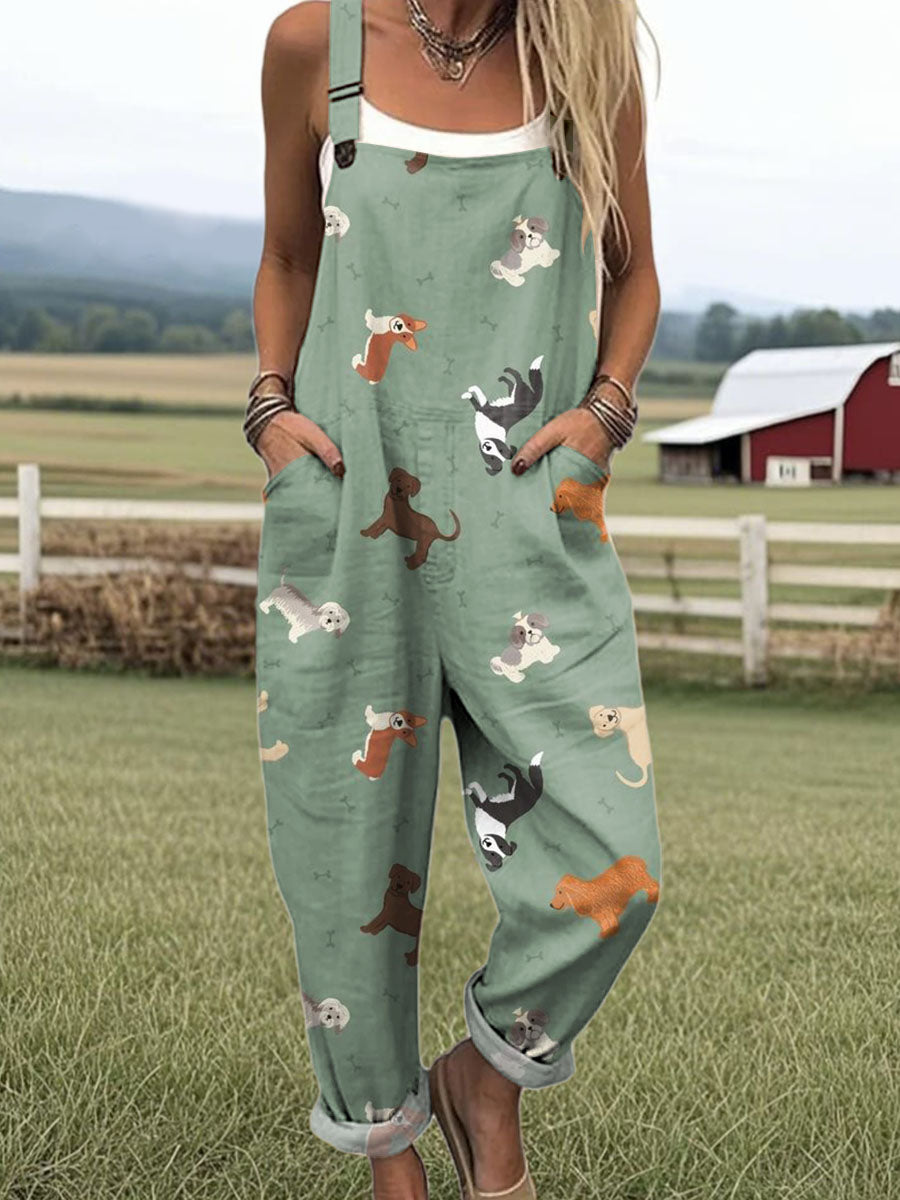 Women's Artistic Creative Cartoon Puppy Print Casual 100% Cotton Wide Leg Jumpsuit