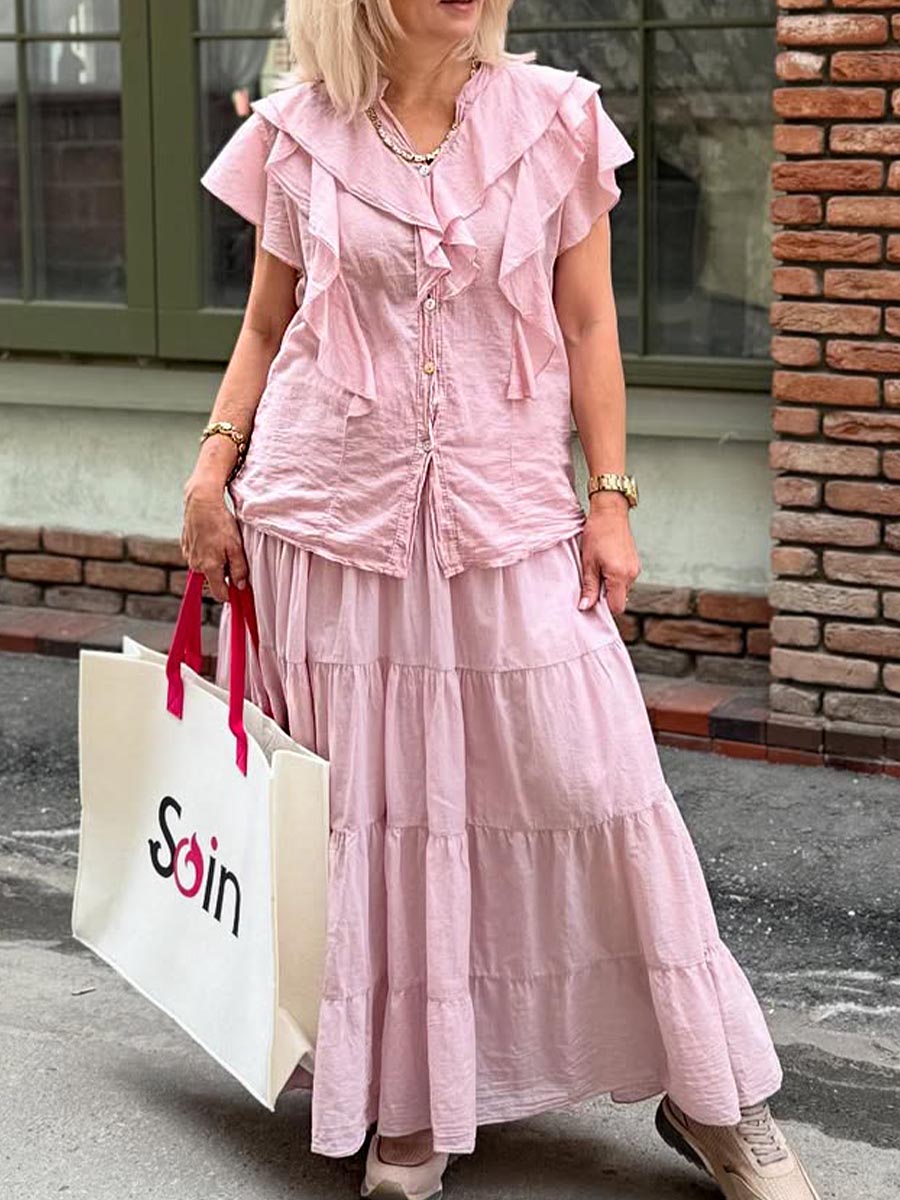 Women's V-neck Short Sleeves Solid Color Ruffles Casual Cotton and Linen Shirt Elastic Waist A-Line Skirt Set